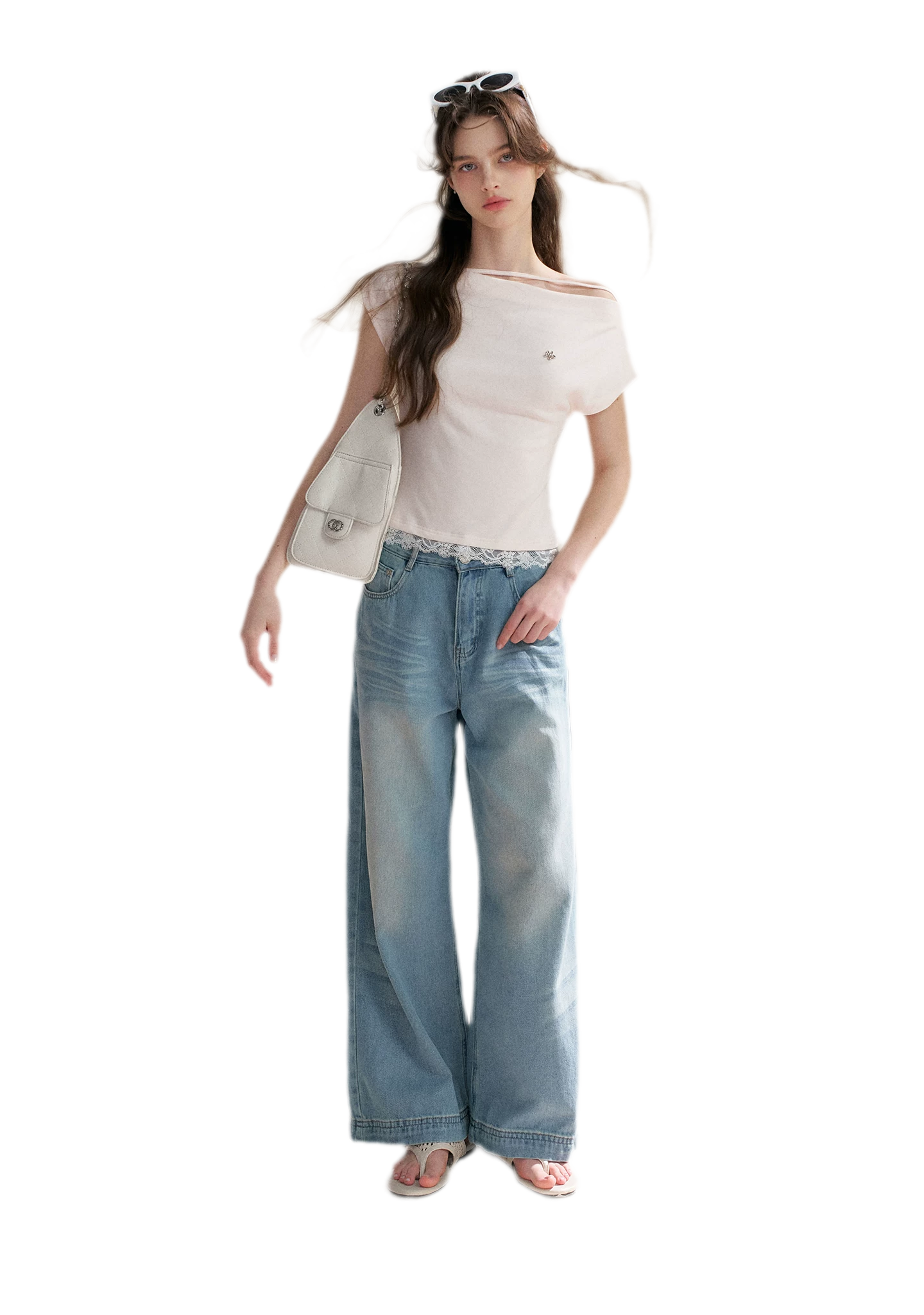 Lace Trim Asymmetric Short Sleeve T-Shirt