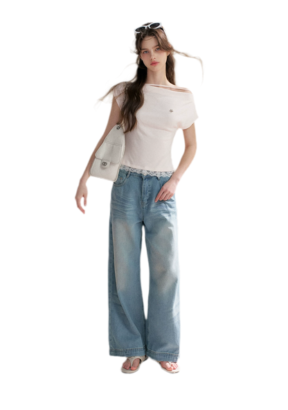 Lace Trim Asymmetric Short Sleeve T-Shirt