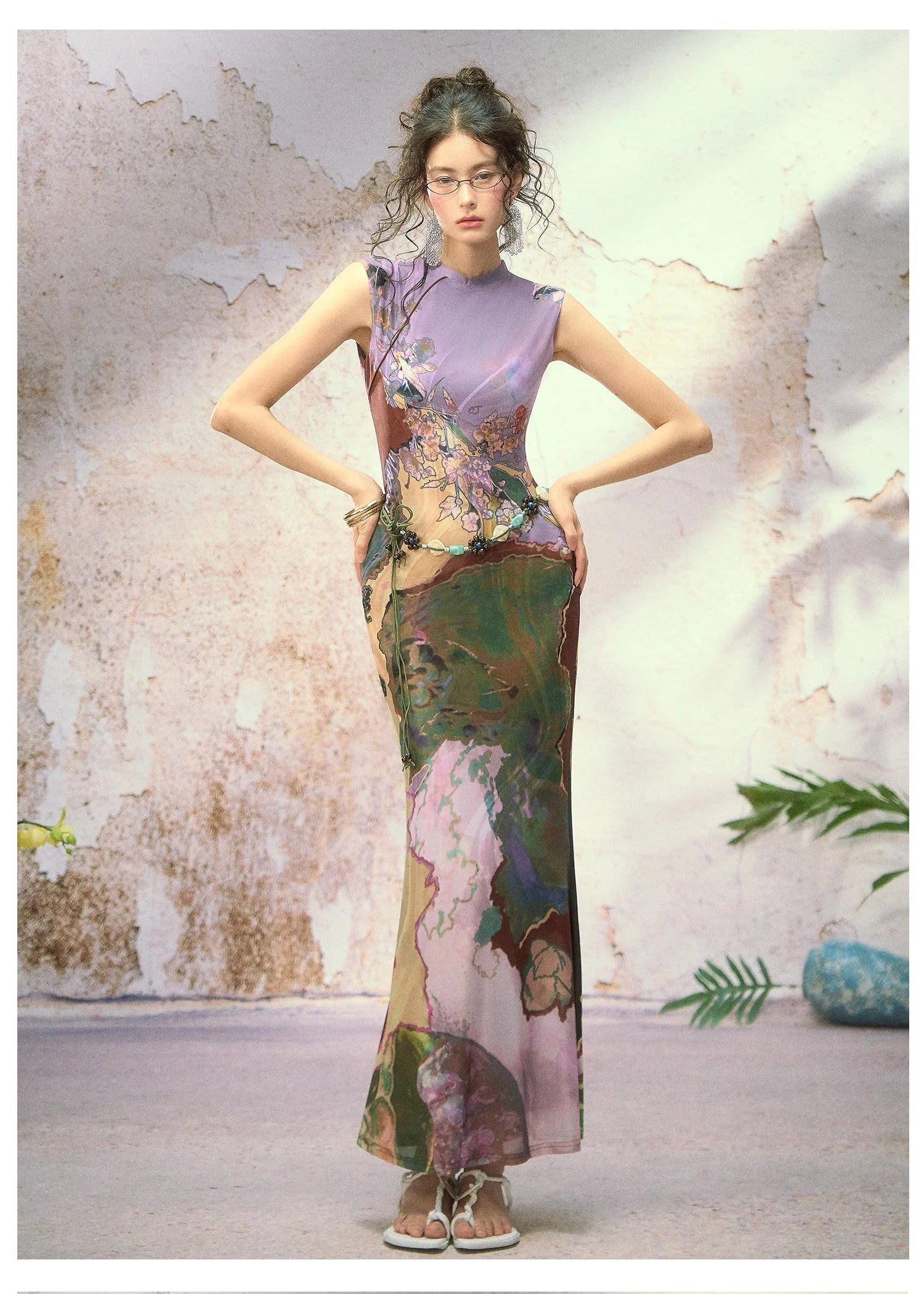 Tri-color Reversible Printed Qipao Dress