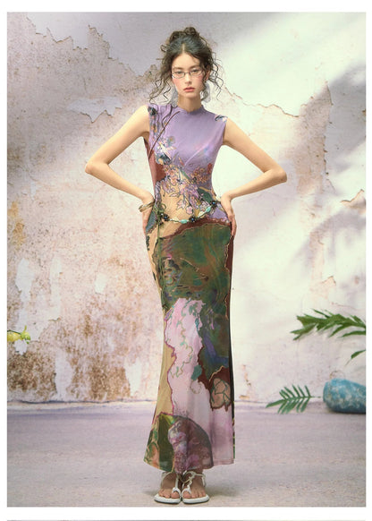 Tri-color Reversible Printed Qipao Dress
