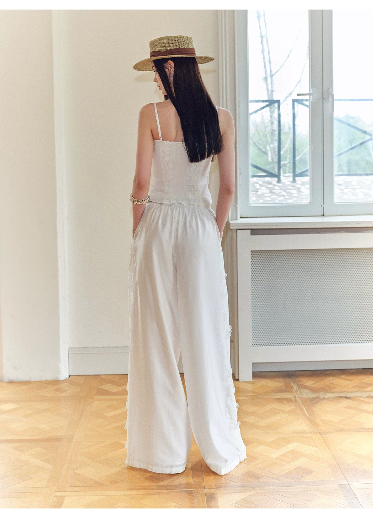 Summer Tencel Wide-Leg Pants with Lace Trim