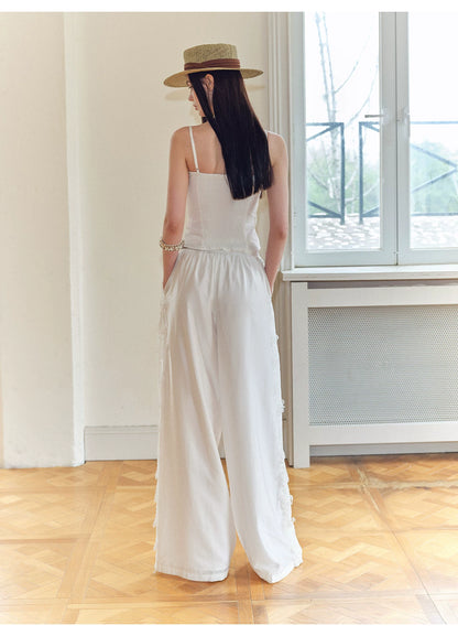 Summer Tencel Wide-Leg Pants with Lace Trim