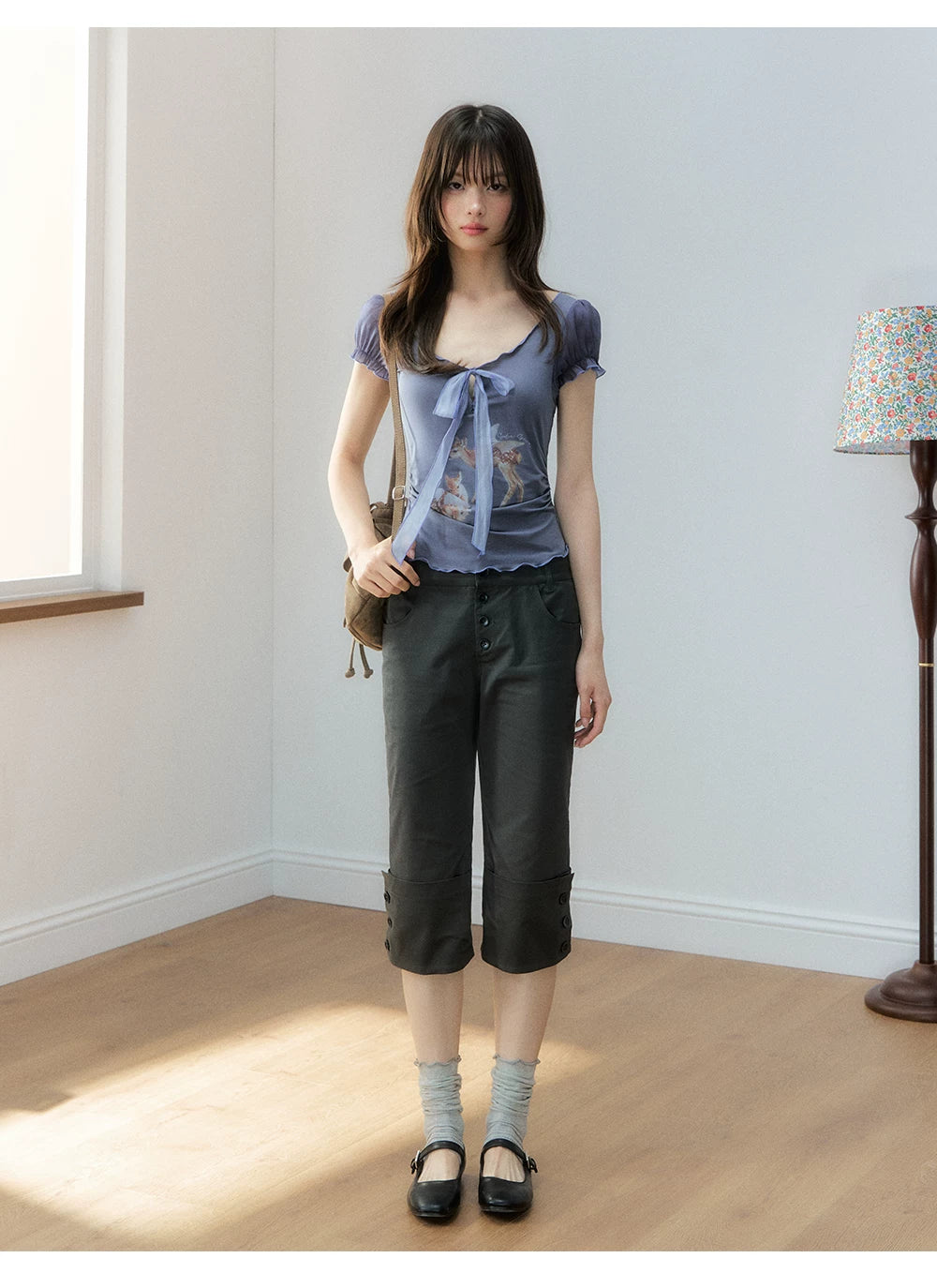 Korean Lyocell Deer Print Ribbon T-Shirt