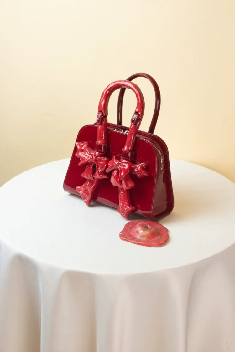 Glossy Bow Structured Handbag