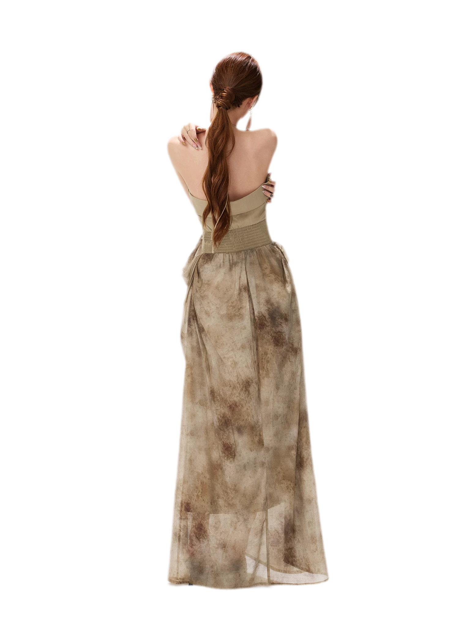 Ink-Wash Pleated Halter Dress