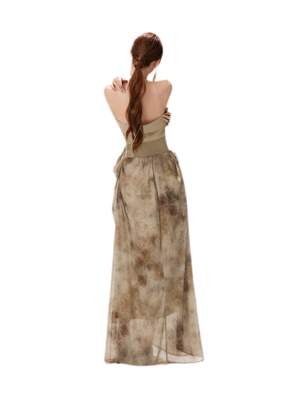 Ink-Wash Pleated Halter Dress