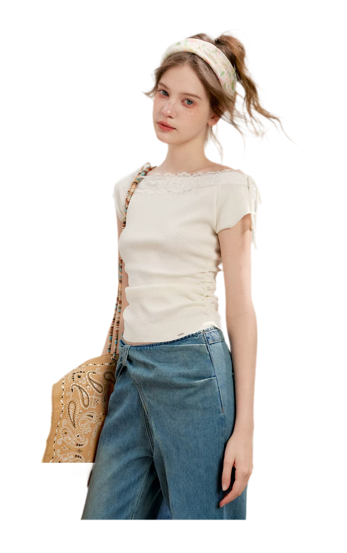 Lace Trim Off-Shoulder Knit Top &amp; Denim Pants