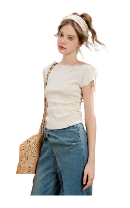 Lace Trim Off-Shoulder Knit Top &amp; Denim Pants