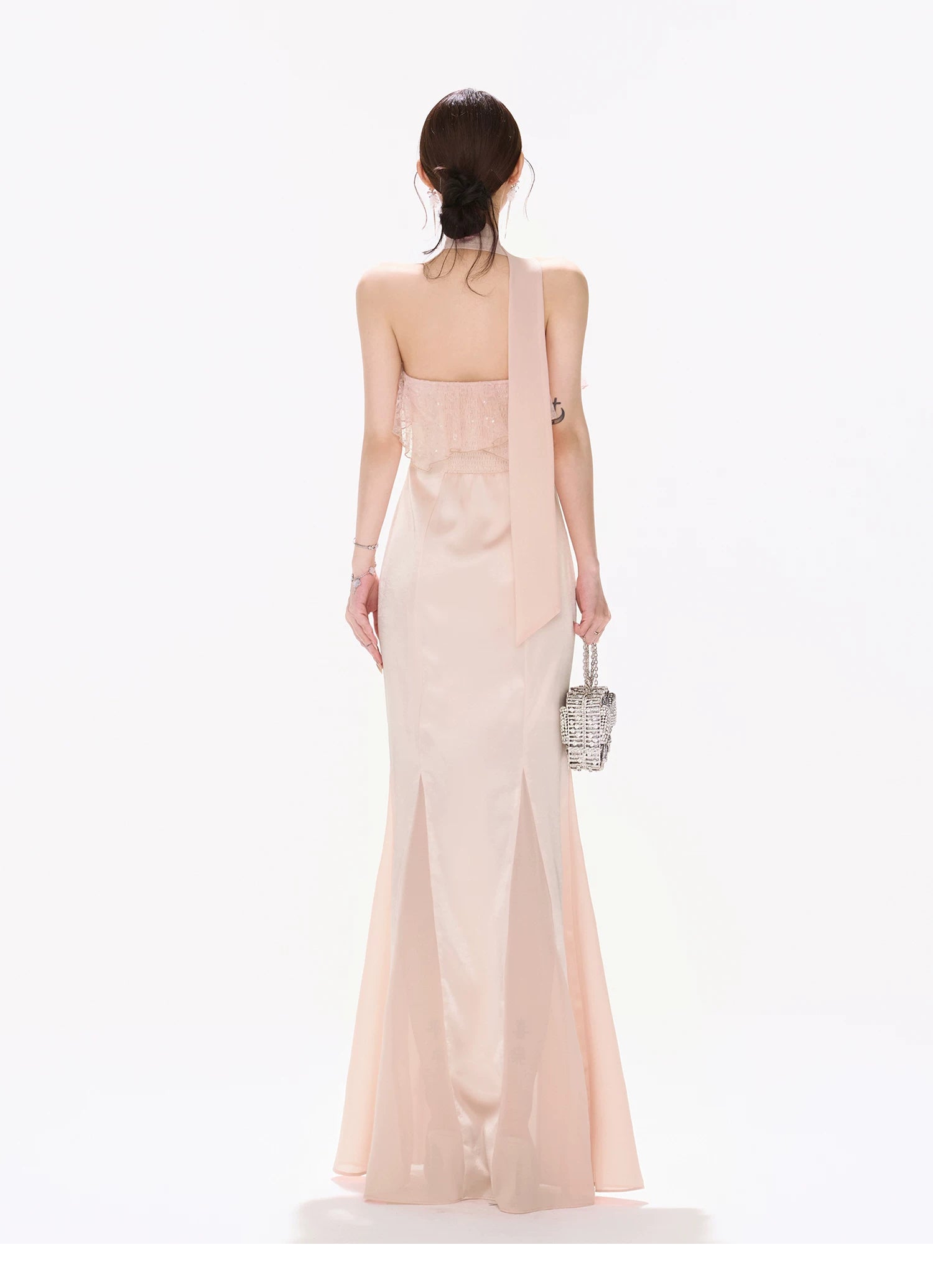 Strapless Lace Ruffle Fishtail Long Dress in Champagne