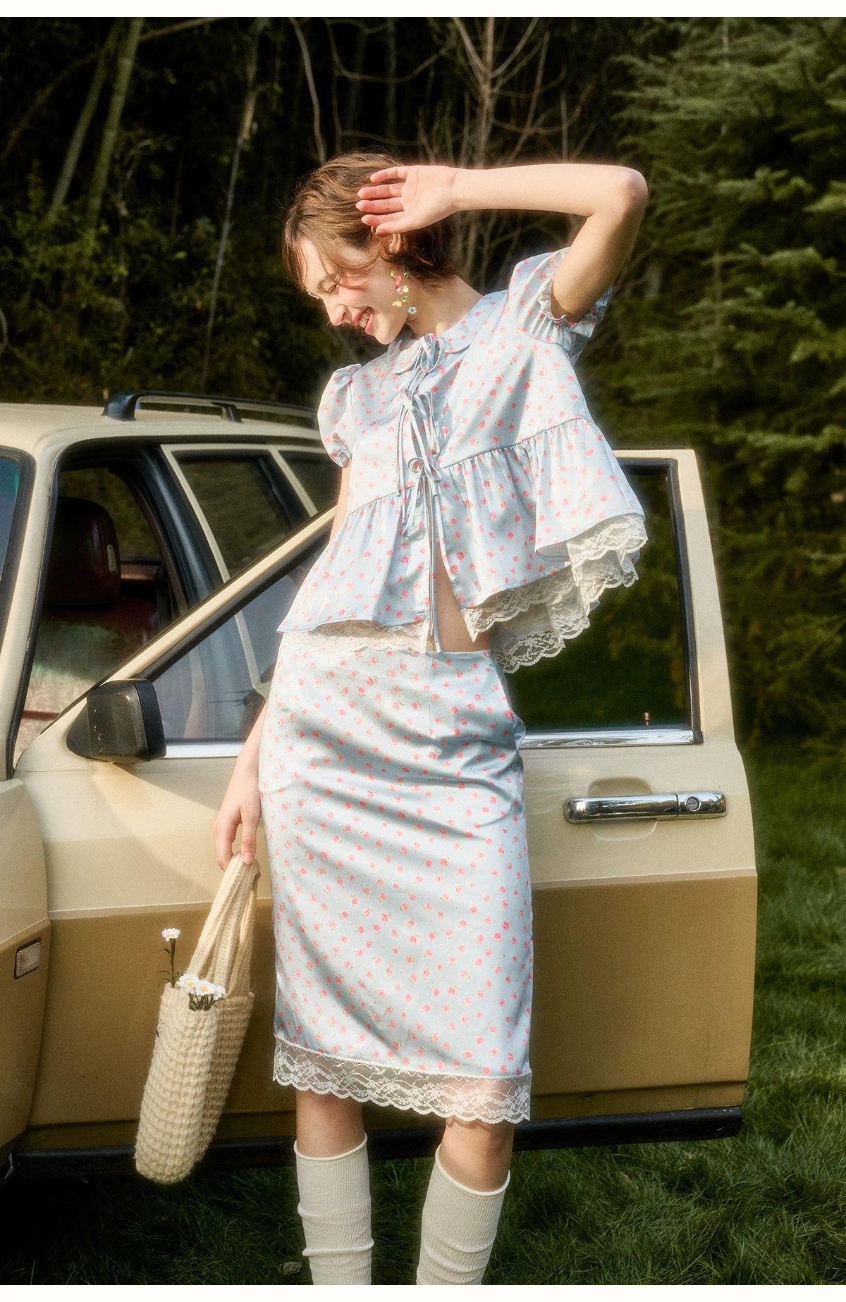 Soft Misty Blue Doll Collar Satin Floral Shirt
