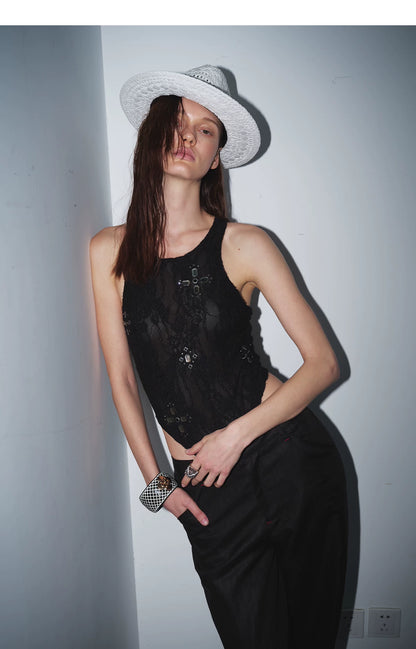 Stylish Gemstone Lace Halter Bodysuit Top