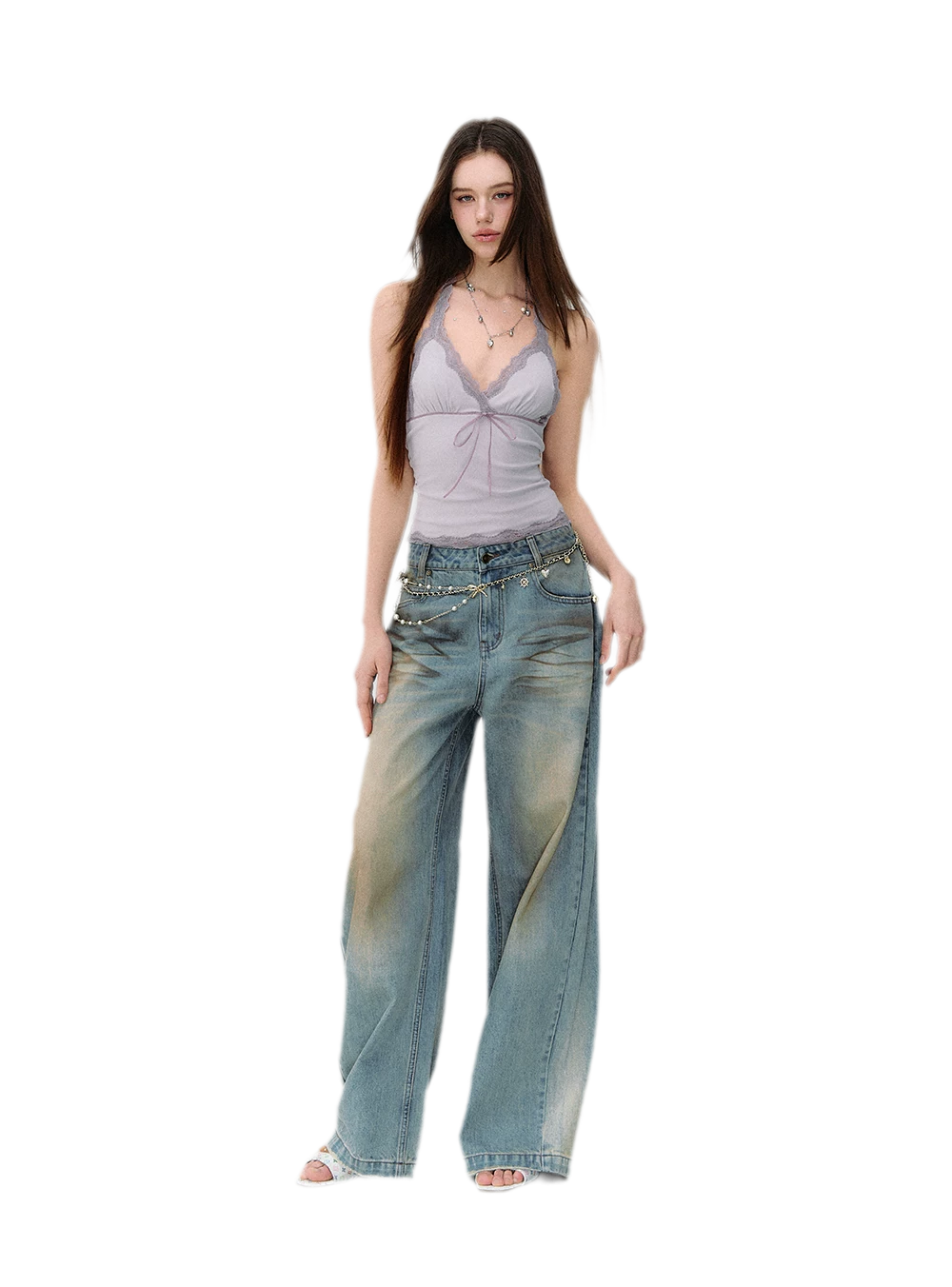 Denim Halter Top and Wide-Leg Jeans Set