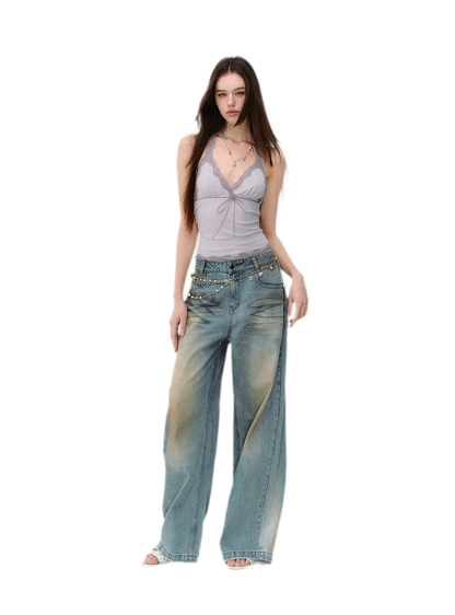 Denim Halter Top and Wide-Leg Jeans Set