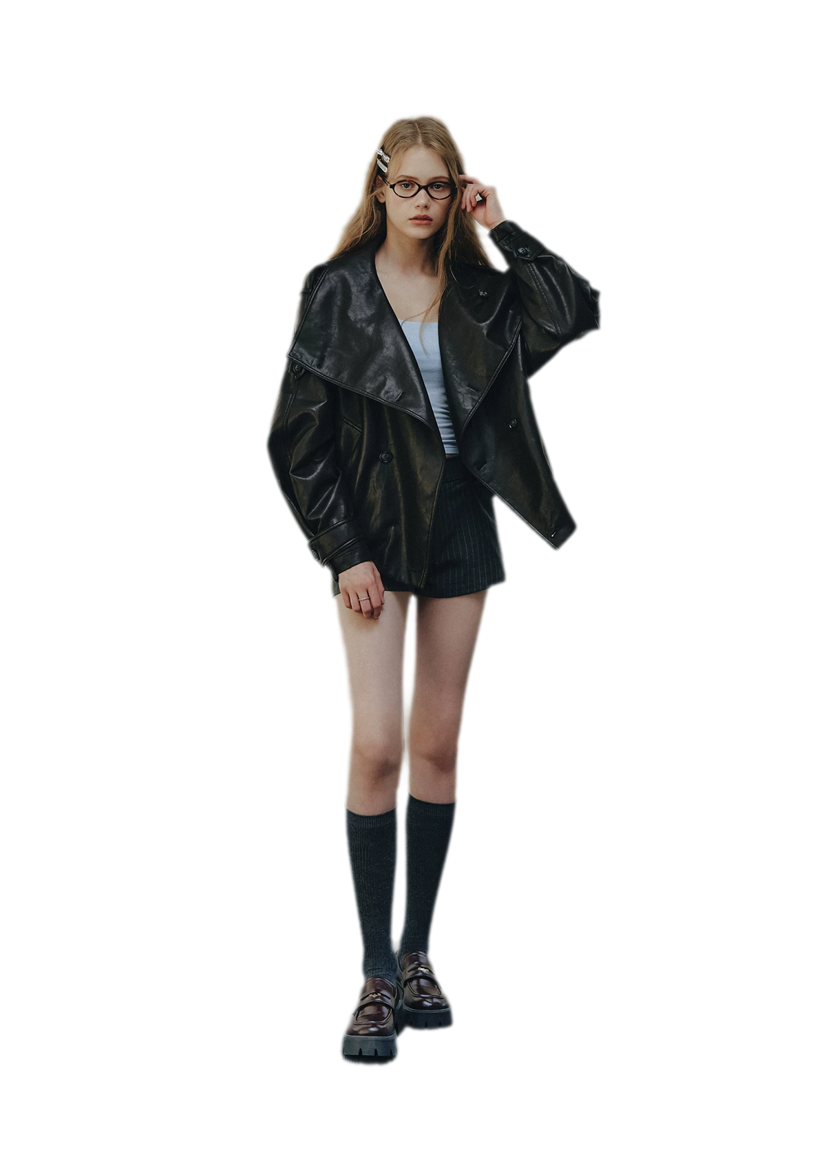 Faux-Leather Oversized Double-Breasted Jacket