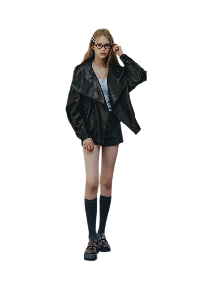 Faux-Leather Oversized Double-Breasted Jacket
