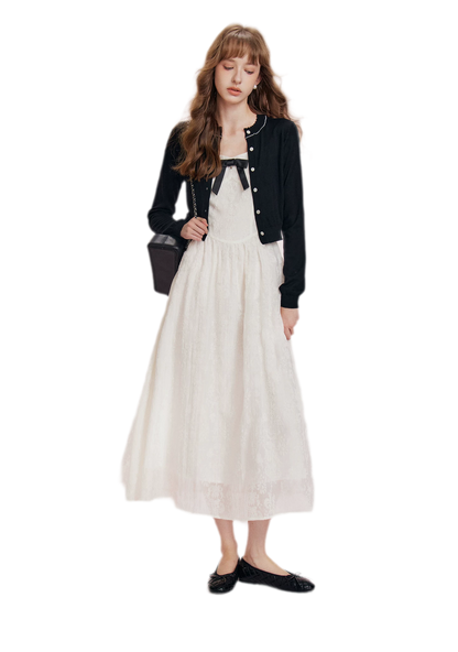 Flocked Bow Contrast Dress