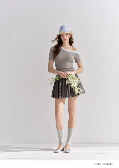 Asymmetric Off-Shoulder Colorblock Slim T-Shirt