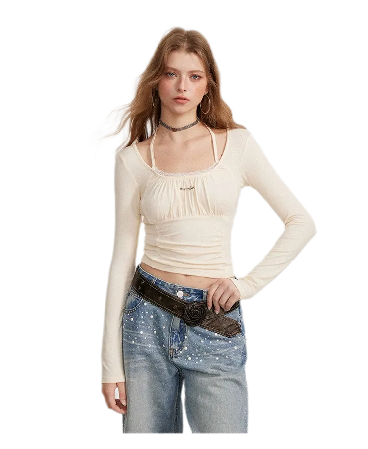 Ruching Lace Trim Long-Sleeve Top