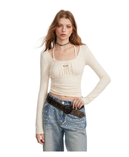 Ruching Lace Trim Long-Sleeve Top