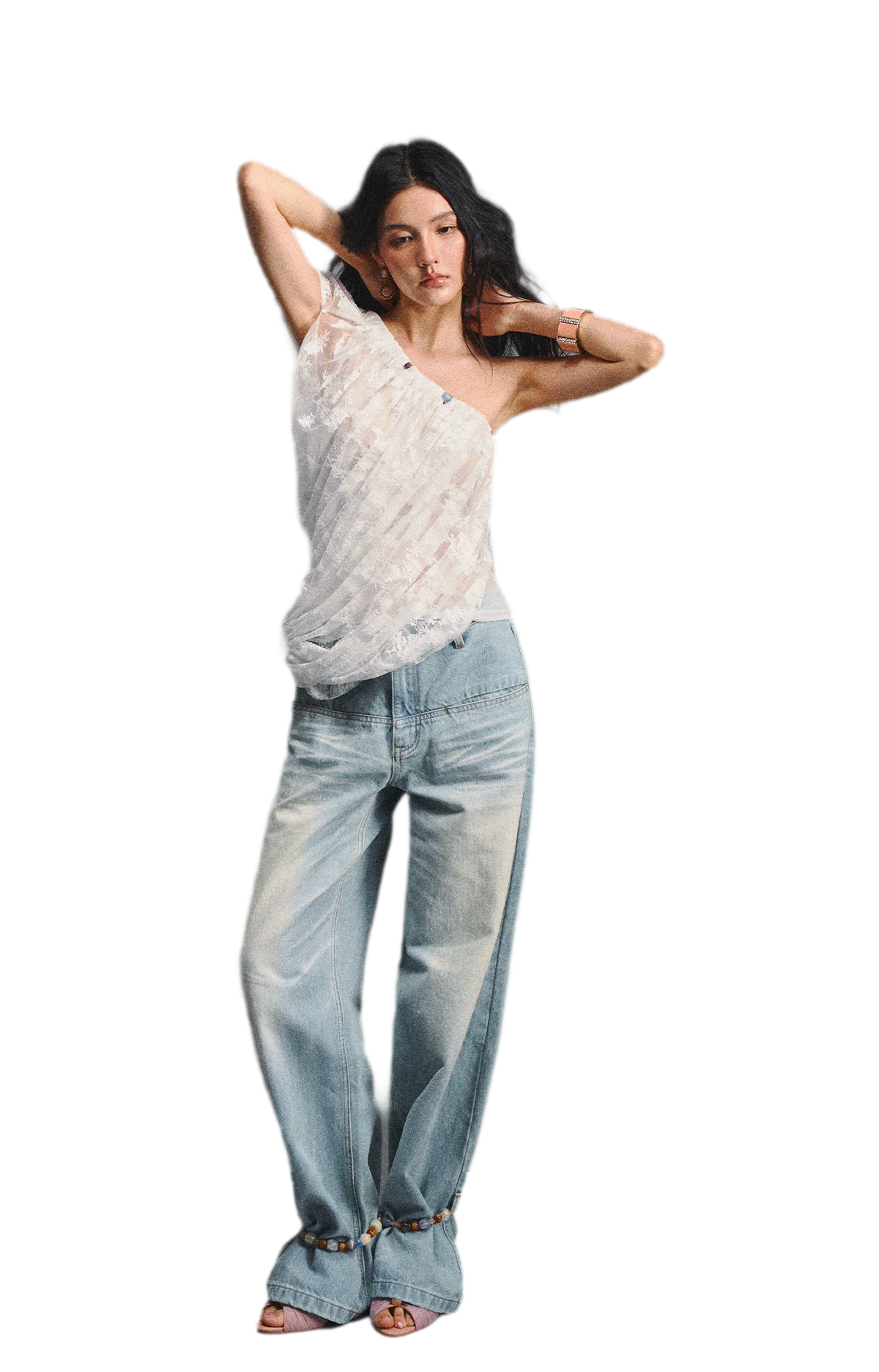 Lace Ruched Asymmetric Top