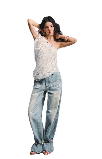 Lace Ruched Asymmetric Top