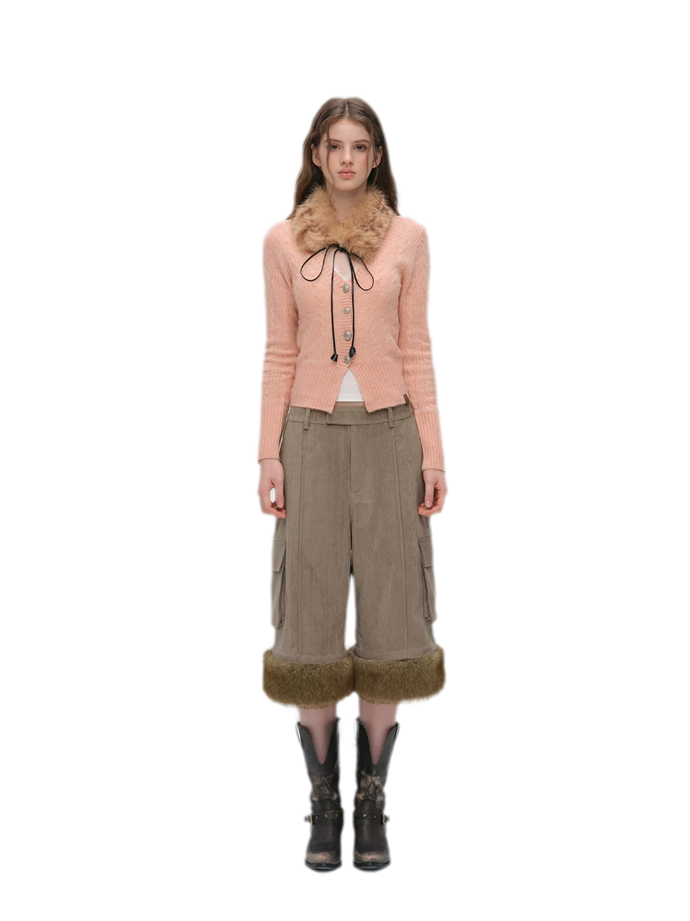 Brushed Cable-Knit Fitted Cardigan