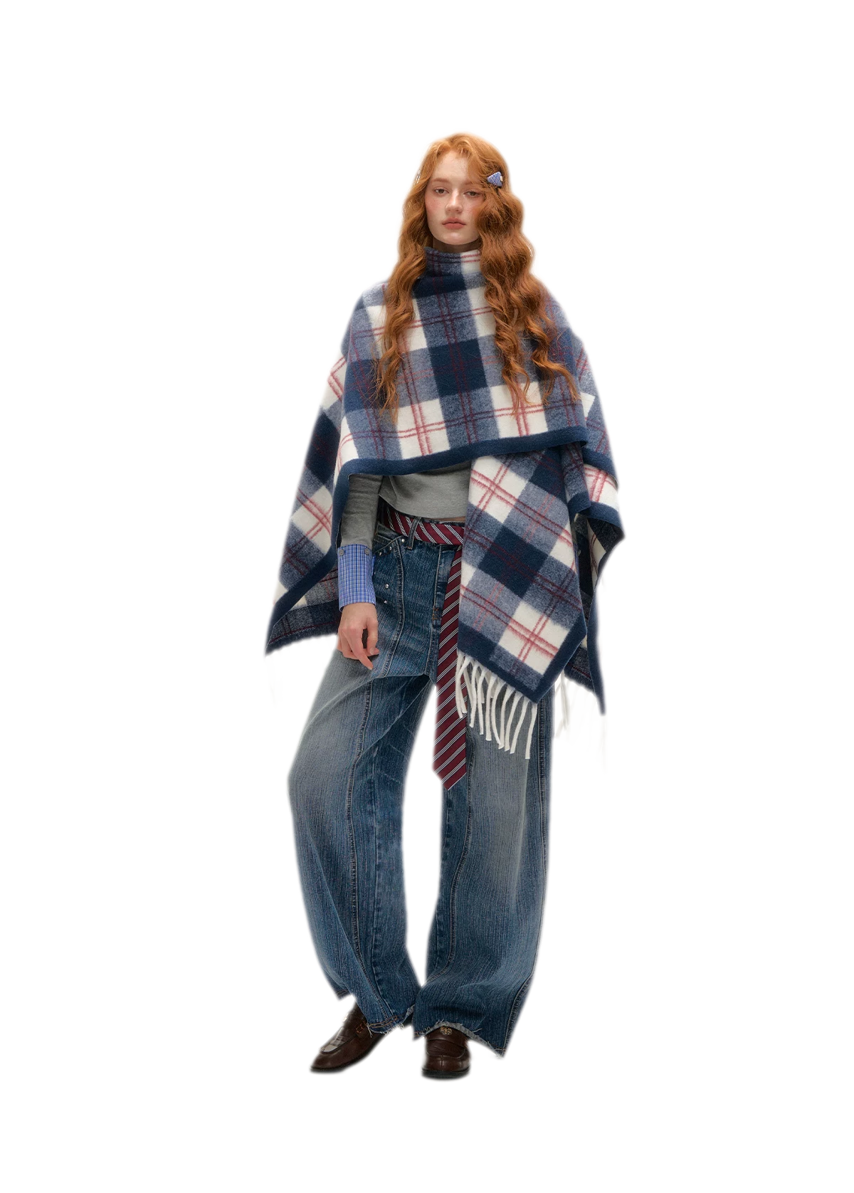 Vintage Plaid Fringed Shawl