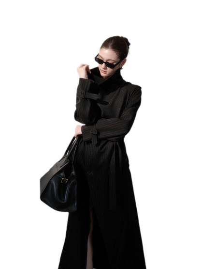Silver-Thread Striped Long Trench Coat