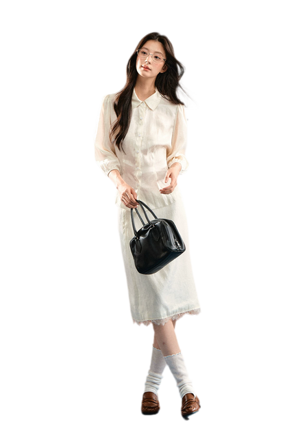 Linen Bubble Sleeve Top Skirt