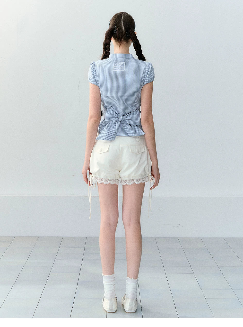 Retro Plaid Tie-Waist Hollow Waist Shirt