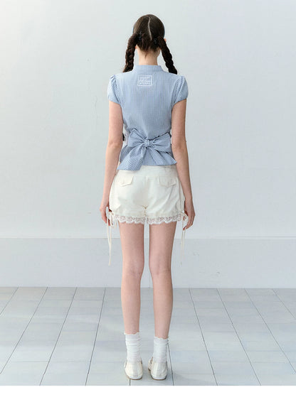 Retro Plaid Tie-Waist Hollow Waist Shirt