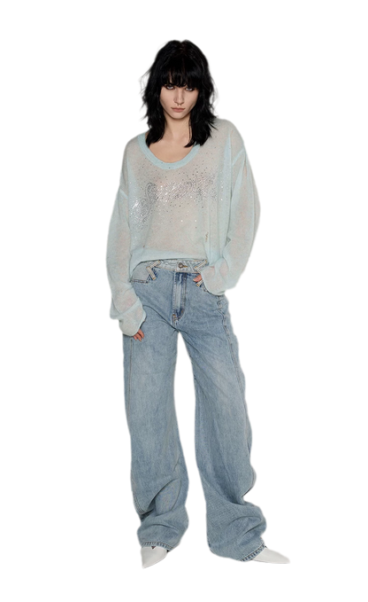 Pullover in mohair effetto consumato con strass