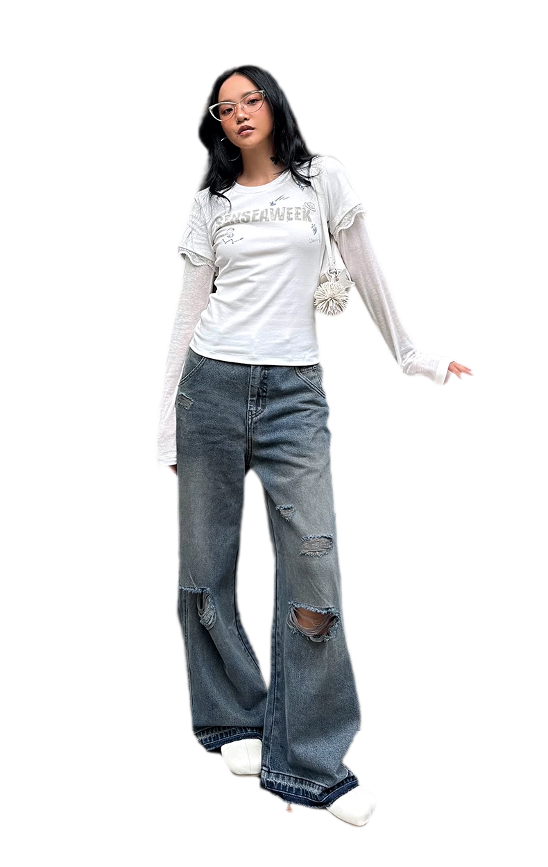 Ribbed Lace Trim Layered T-Shirt