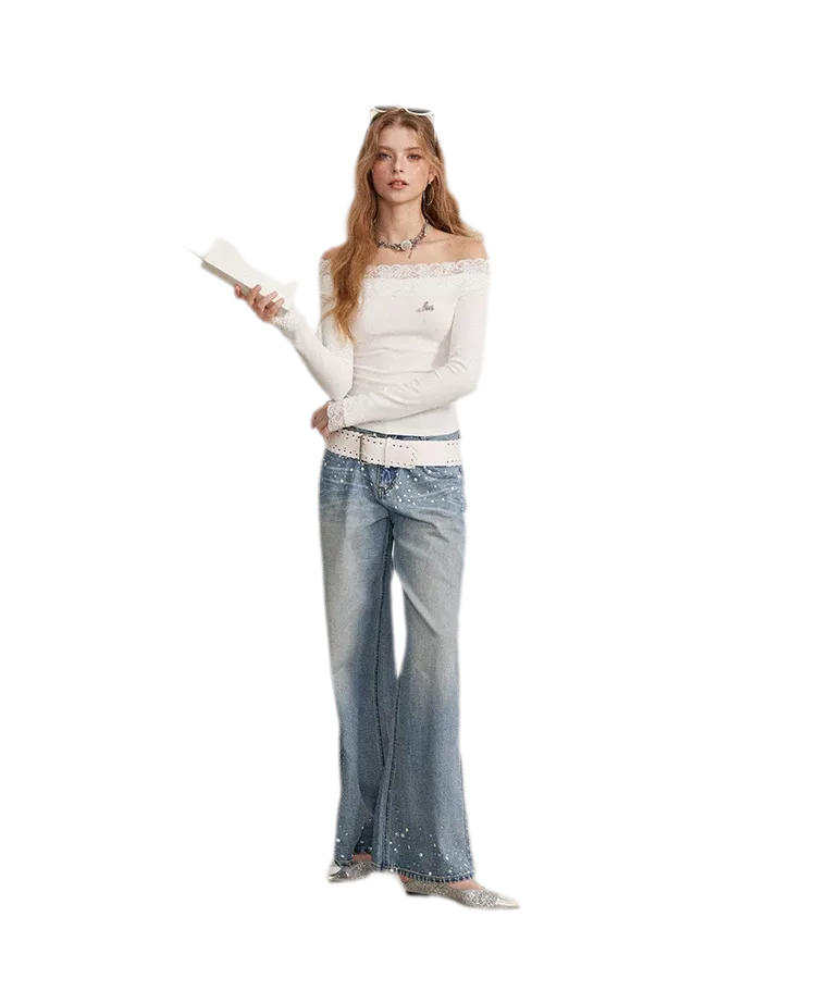 Rhinestone Pearl Wide-Leg Jeans