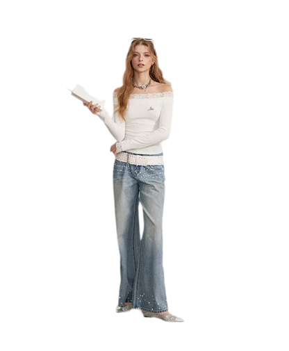 Rhinestone Pearl Wide-Leg Jeans