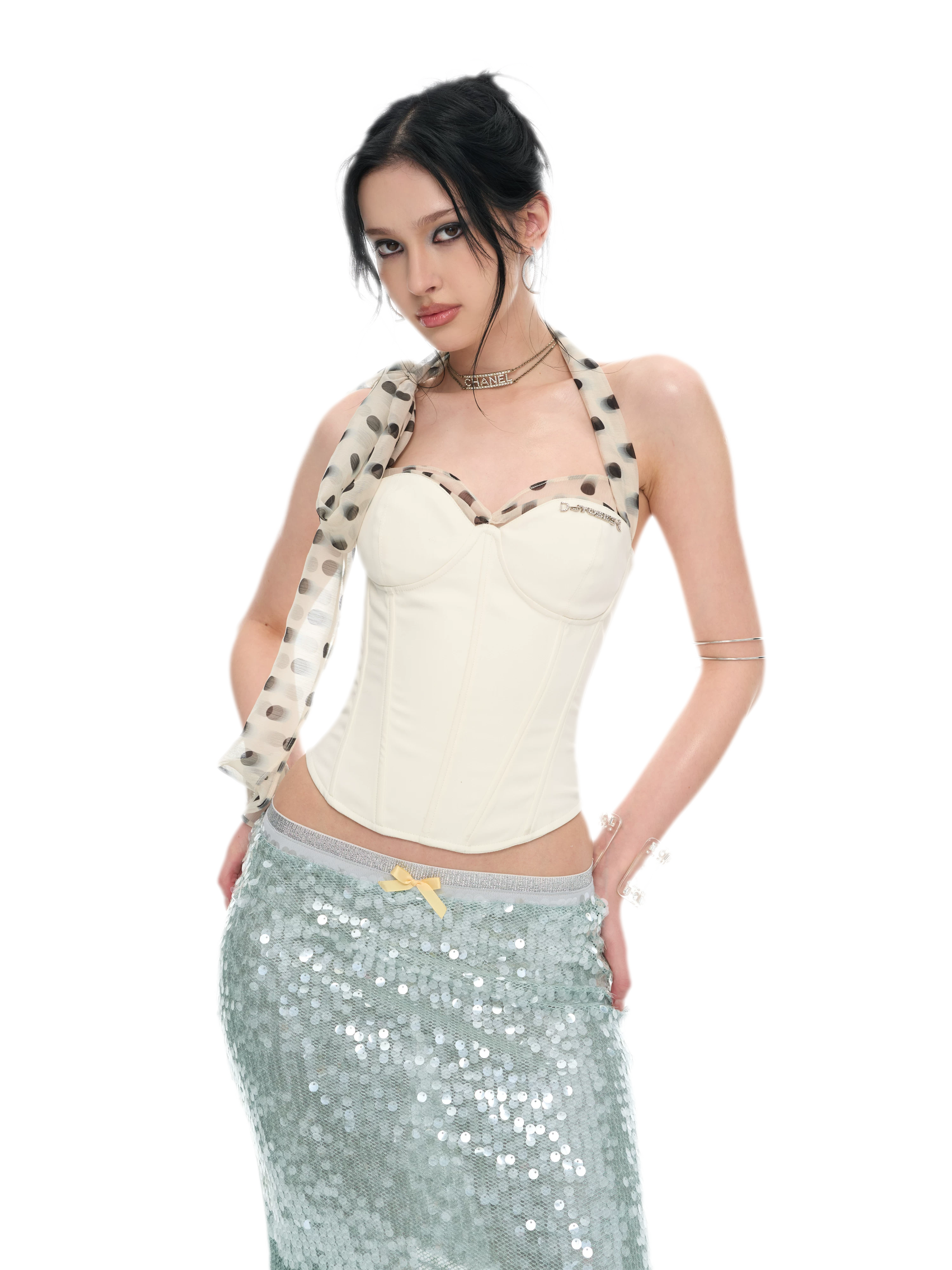 White Polka Dot Chiffon Corset