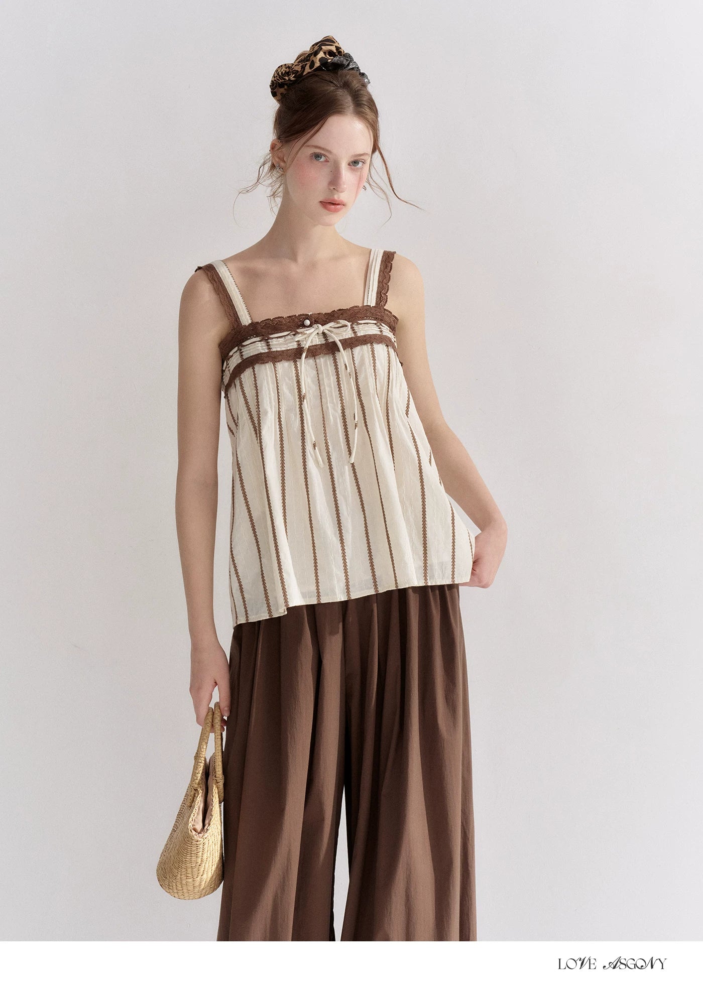 Striped Lace-Trim Tie-Front Camisole