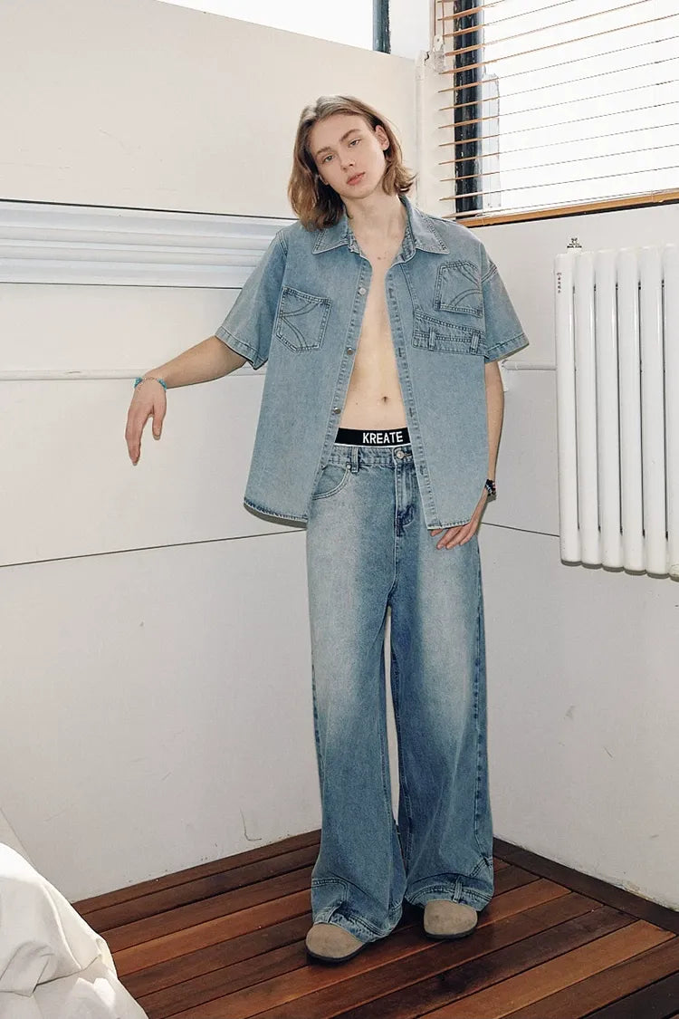 Washed Denim Wide-Leg Jeans