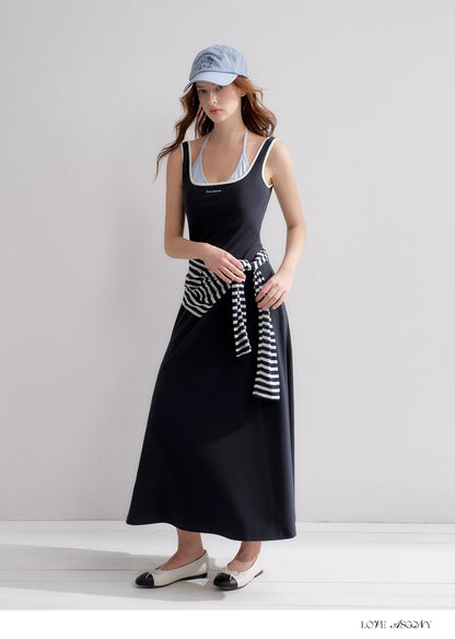 Contrast Color U-Neck Halter Knit Long Dress