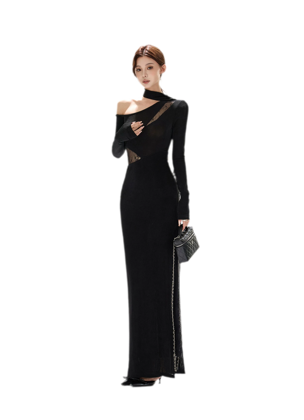 Schimmerndes asymmetrisches Spitzen-Strickkleid