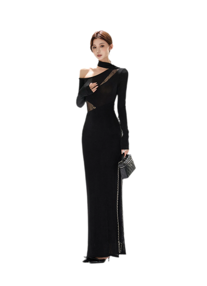 Schimmerndes asymmetrisches Spitzen-Strickkleid