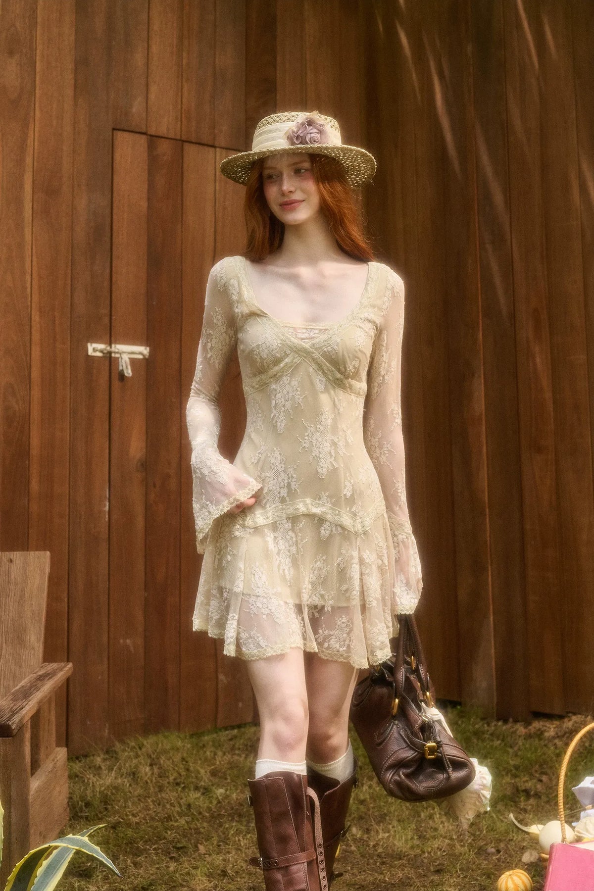 Embossed Lace Cinched Waist Dress