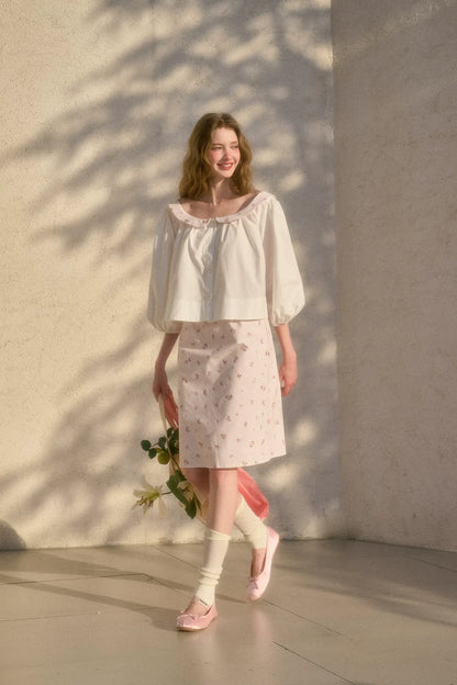 Floral Puff-Sleeve Blouse Skirt Set