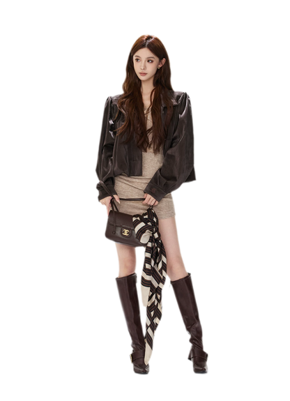 Veste courte froncée en cuir PU