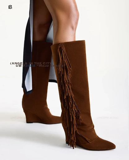 Suede Fringe Wedge Boots