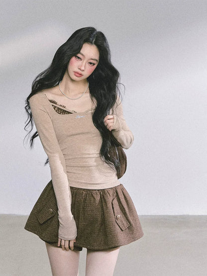Lace Panel Fitted Long-Sleeve Top