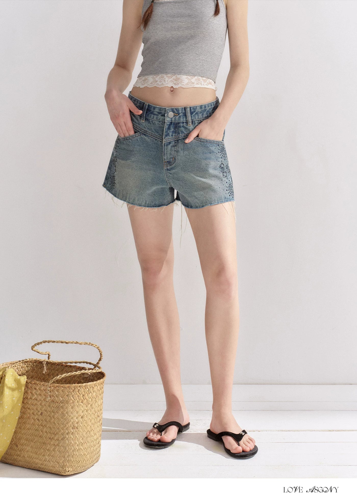 Vintage Washed Blue Rhinestone Denim Shorts