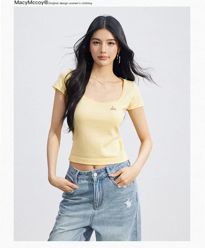 Candy Color U-Neck Short Sleeve T-Shirt