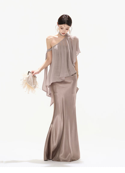 Elegant Asymmetric Chiffon Shawl Top with Built-in Bustier