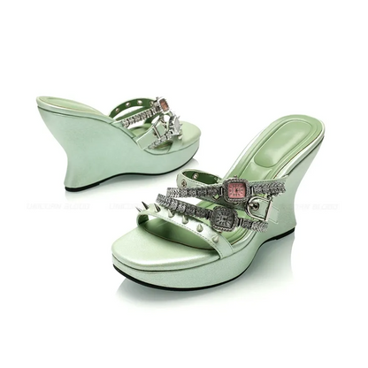 Rhinestone Strap Wedge Mules